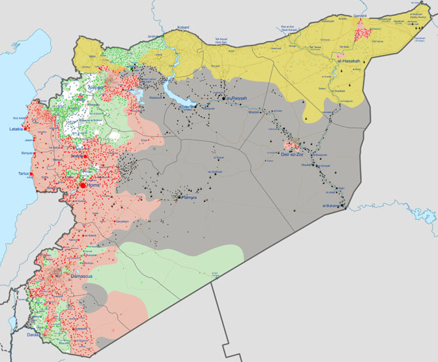 Красный - Контролируются правительством. Желтый - Контролируются курдами. Серый - Контролируются ИГ. Белый - Контролируются "Фронтом ан-Нусра". Зеленый - Контролируются «умеренной оппозицией» и прочими. По ситуации на 05.09.2016. Фото https://wikipedia.org/ 